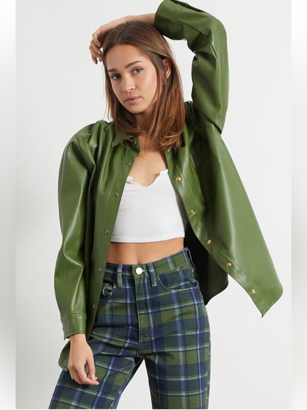 NEW WeWoreWhat Vegan Leather Overshirt Green Small Button Down Shirt NWT $118